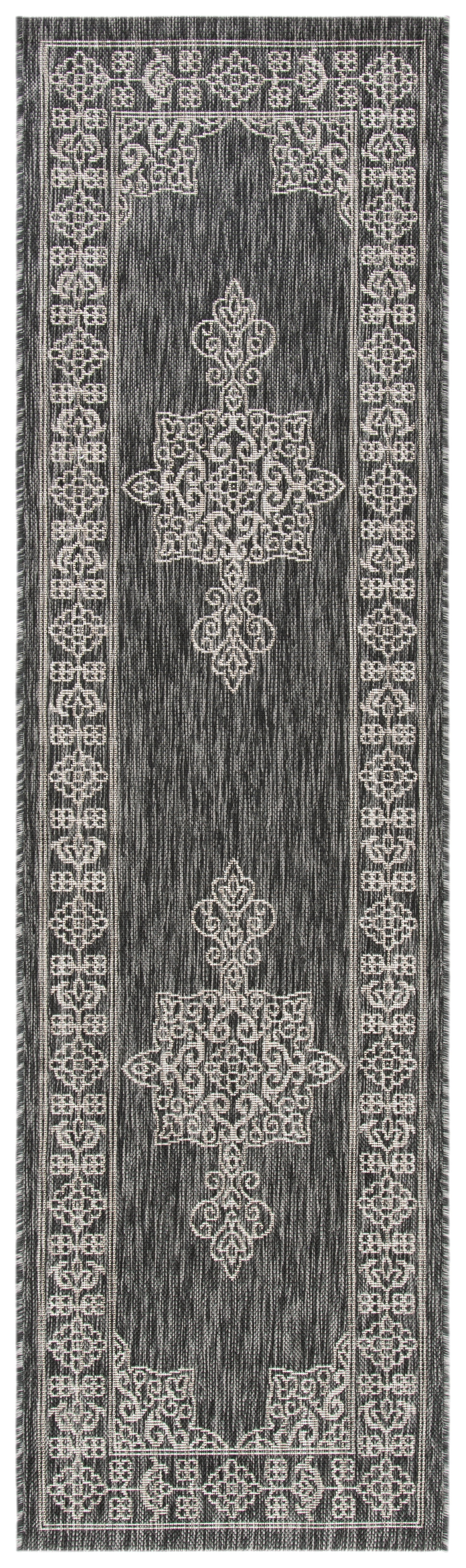 SAFAVIEH Courtyard Delbet Medallion Indoor/Outdoor Runner Rug, Black/Ivory, 2'3" x 10'