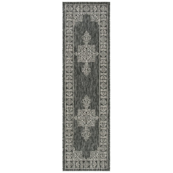 SAFAVIEH Courtyard Delbet Medallion Indoor/Outdoor Runner Rug, Black/Ivory, 2'3" x 6'7"