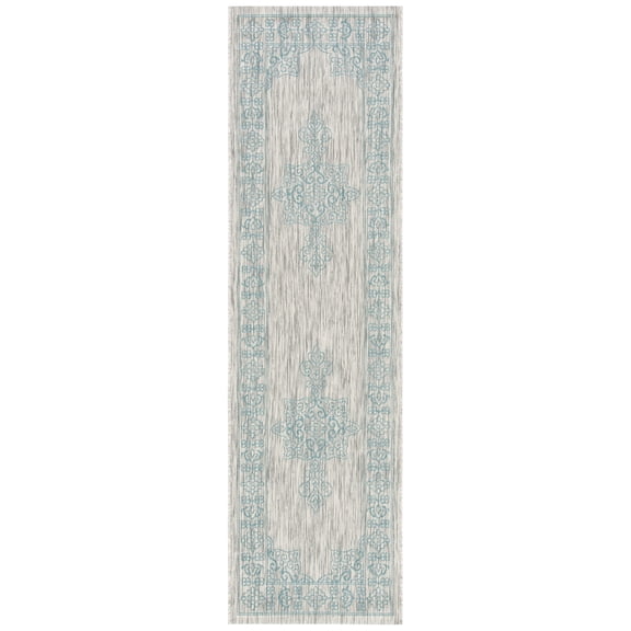 SAFAVIEH Courtyard Delbet Medallion Indoor/Outdoor Runner Rug, Grey/Aqua, 2'3" x 10'