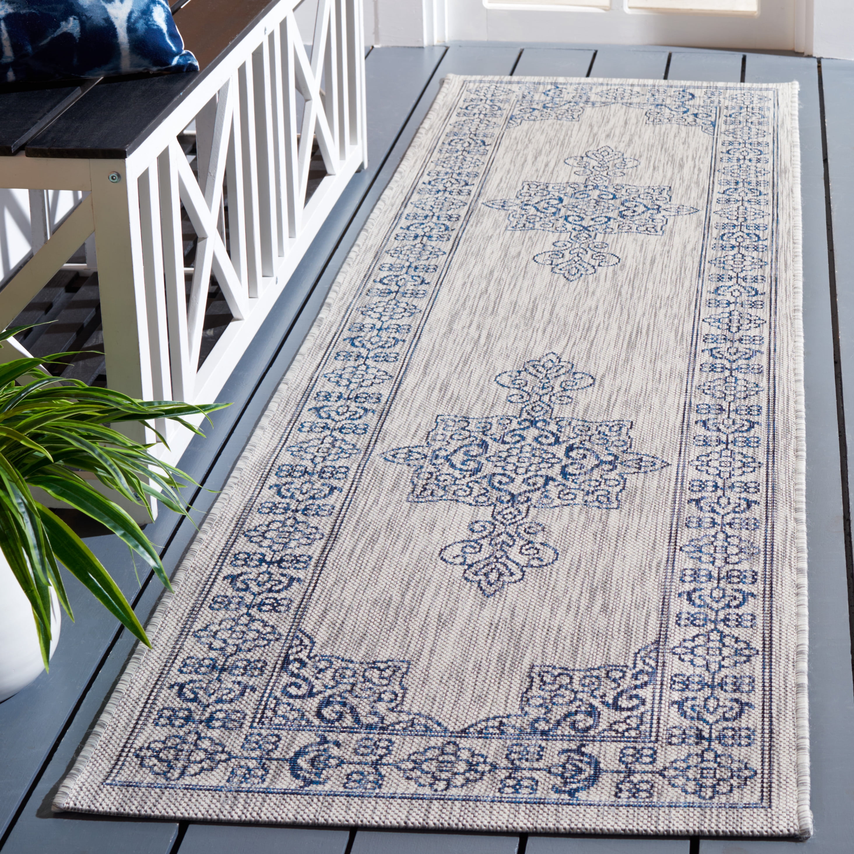 Safavieh Courtyard Delbet Medallion Indoor/Outdoor Runner Rug, Gray/Navy, 2'3" x 10'