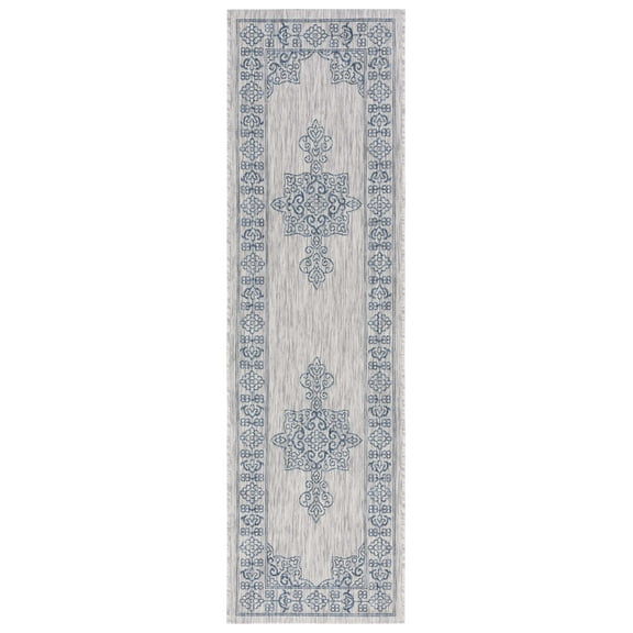 SAFAVIEH Courtyard Delbet Medallion Indoor/Outdoor Runner Rug, Grey/Navy, 2'3" x 12'