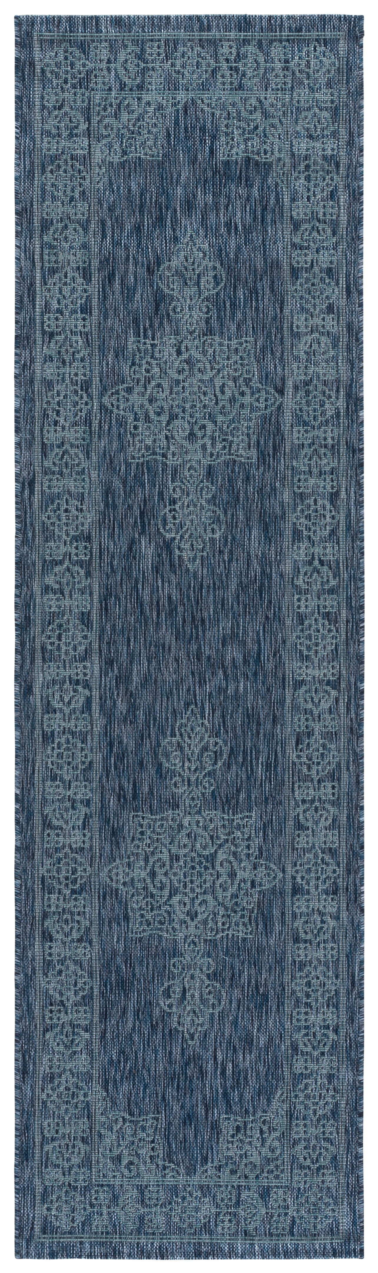 SAFAVIEH Courtyard Delbet Medallion Indoor/Outdoor Runner Rug, Navy/Ivory, 2'3" x 12'