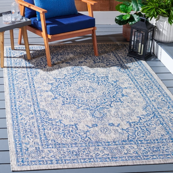 SAFAVIEH Courtyard Desi Medallion Indoor/Outdoor Area Rug, Grey/Navy, 5'3" x 7'7"