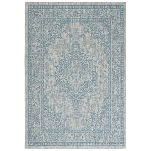 SAFAVIEH Courtyard Desi Medallion Indoor/Outdoor Area Rug, Light Grey/Aqua, 5'3" x 7'7"