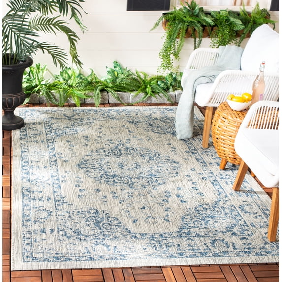 SAFAVIEH Courtyard Desi Traditional Indoor/Outdoor Area Rug, 8' x 11', Grey/Navy