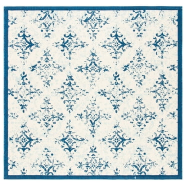 SAFAVIEH Courtyard Duana Geometric Indoor/Outdoor Area Rug, Ivory/Navy, 6'7" x 6'7" Square