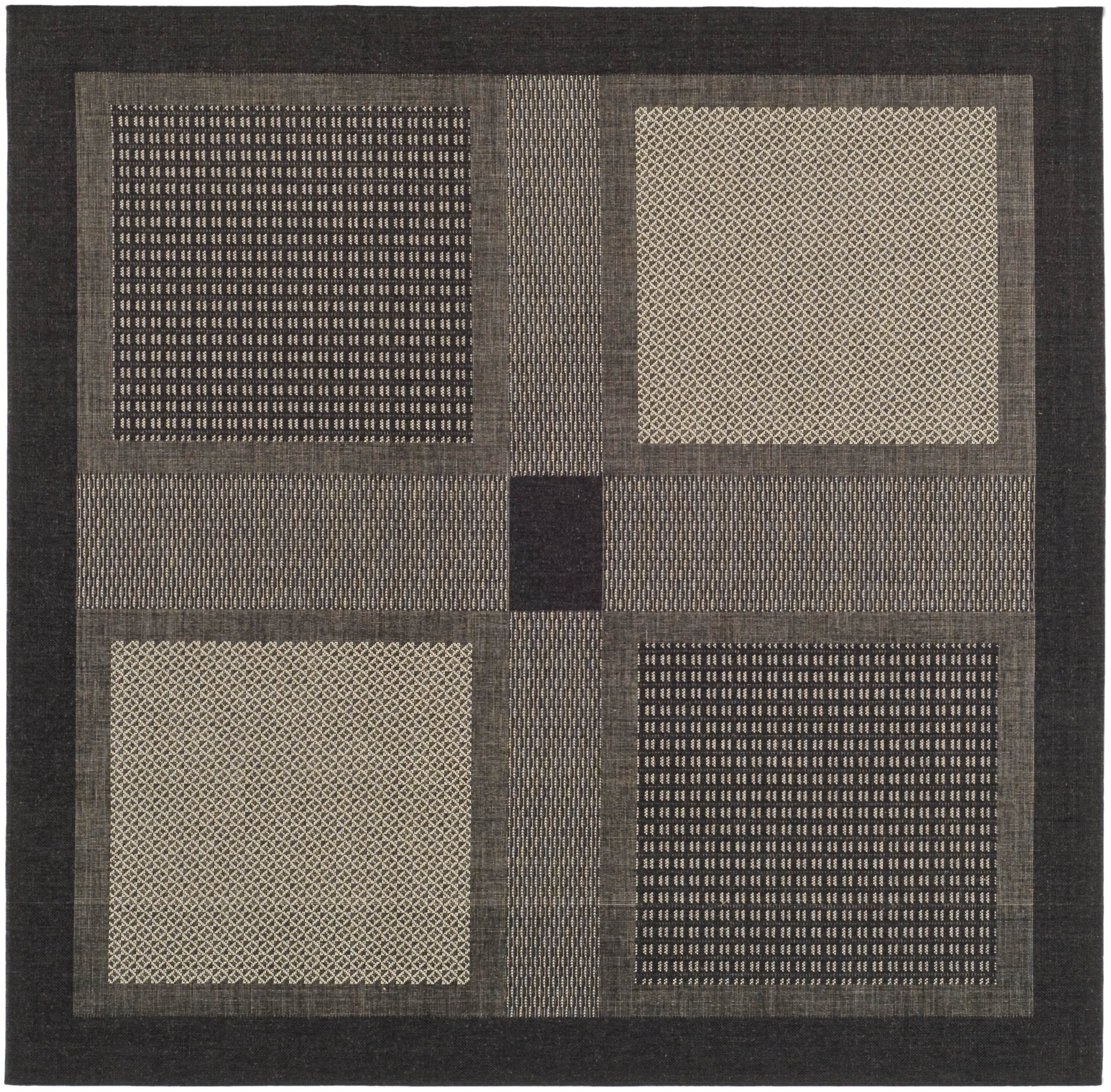 Black and Sand Geometric Synthetic Outdoor Area Rug, 6'-7" Square