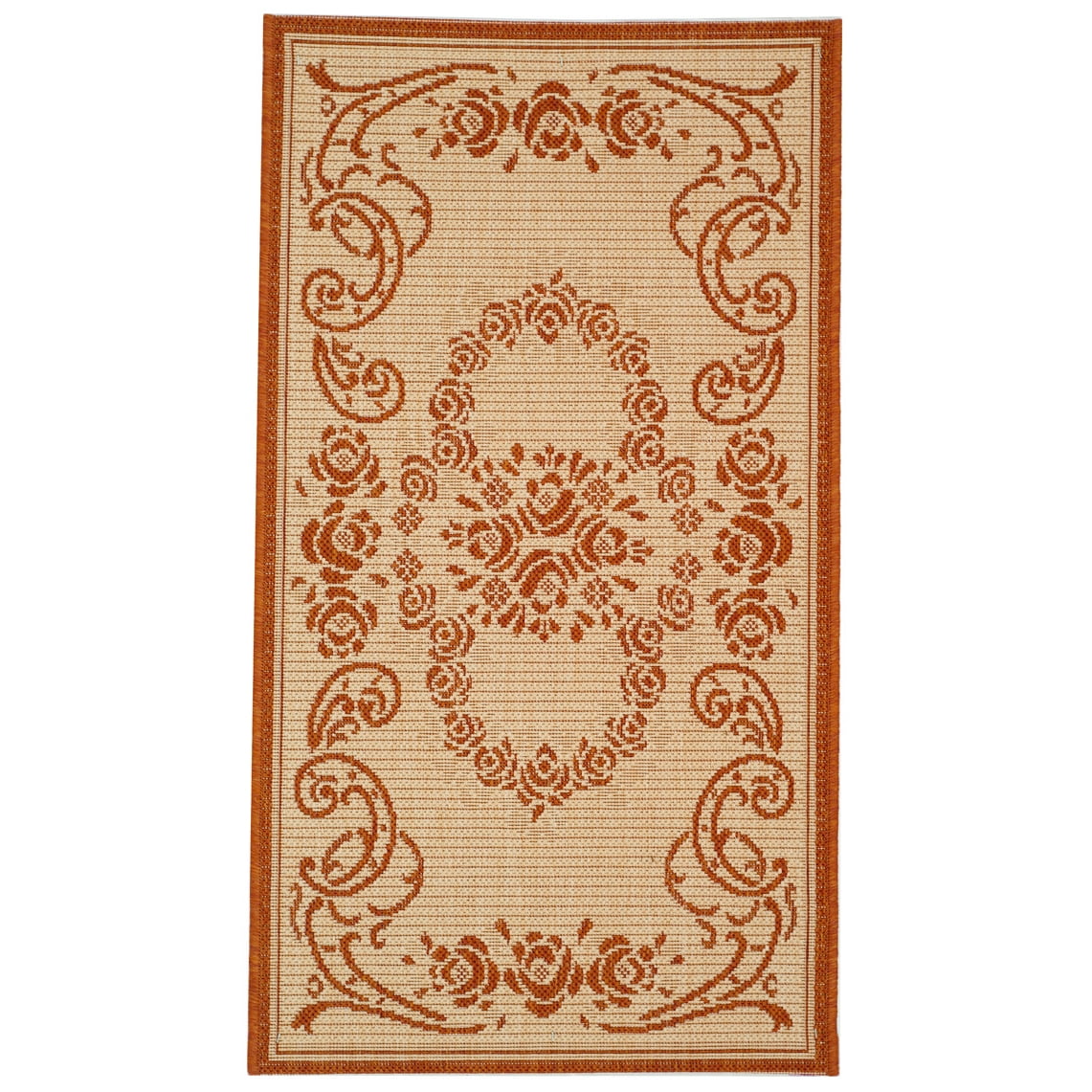 Terracotta and Natural Floral Motif Outdoor Area Rug