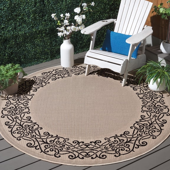Safavieh Courtyard Ellie Oriental Indoor/Outdoor Area Rug, Sand/Black, 7'10" x 7'10" Round