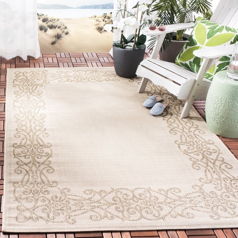 SAFAVIEH Courtyard Ellie Traditional Floral Indoor/Outdoor Area Rug, 5'3" x 7'7", Natural/Brown