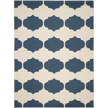 SAFAVIEH Courtyard Elwyn Geometric Indoor/Outdoor Area Rug, Beige/Navy, 6'7" x 9'6"