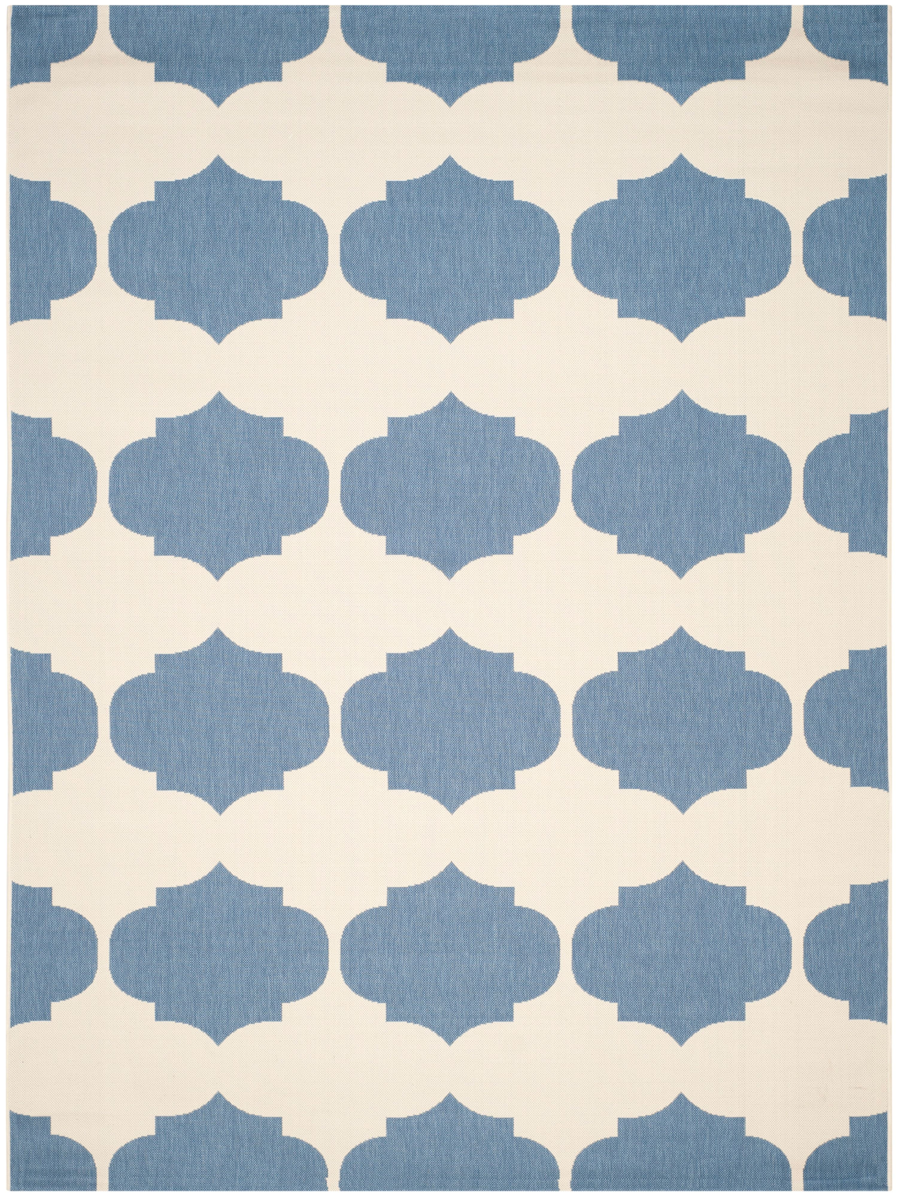 Beige and Blue Geometric 9' x 12' Outdoor Area Rug