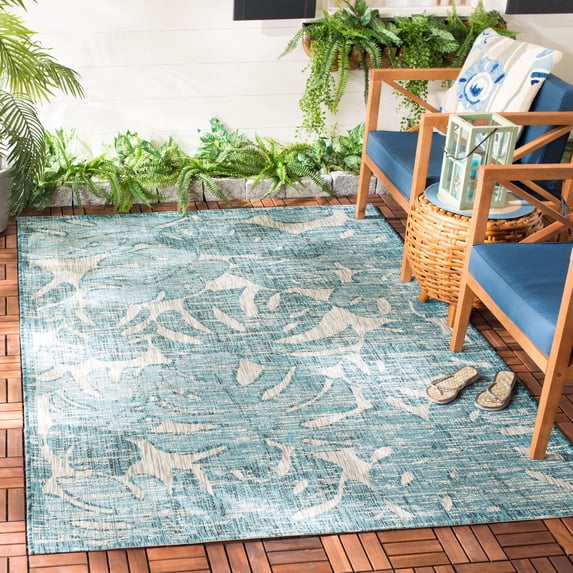 SAFAVIEH Courtyard Emma Floral Indoor/Outdoor Area Rug, 5'3" x 7'7", Grey/Aqua