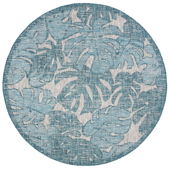 SAFAVIEH Courtyard Emma Floral Indoor/Outdoor Area Rug, 6'7" x 6'7" Round, Grey/Aqua