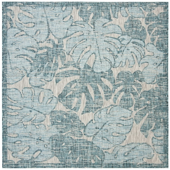 SAFAVIEH Courtyard Emma Floral Indoor/Outdoor Area Rug, 6'7" x 6'7" Square, Grey/Aqua