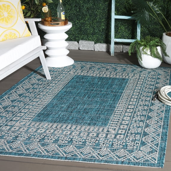 SAFAVIEH Courtyard Emmett Bordered Indoor/Outdoor Area Rug, Blue/Grey, 6'7" x 9'6"