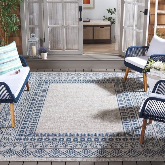 SAFAVIEH Courtyard Emmett Bordered Indoor/Outdoor Area Rug, Grey/Navy, 9' x 12'
