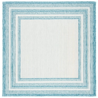 SAFAVIEH Courtyard Ercan Bordered Indoor/Outdoor Area Rug, Ivory/Aqua, 6'7" x 6'7" Square