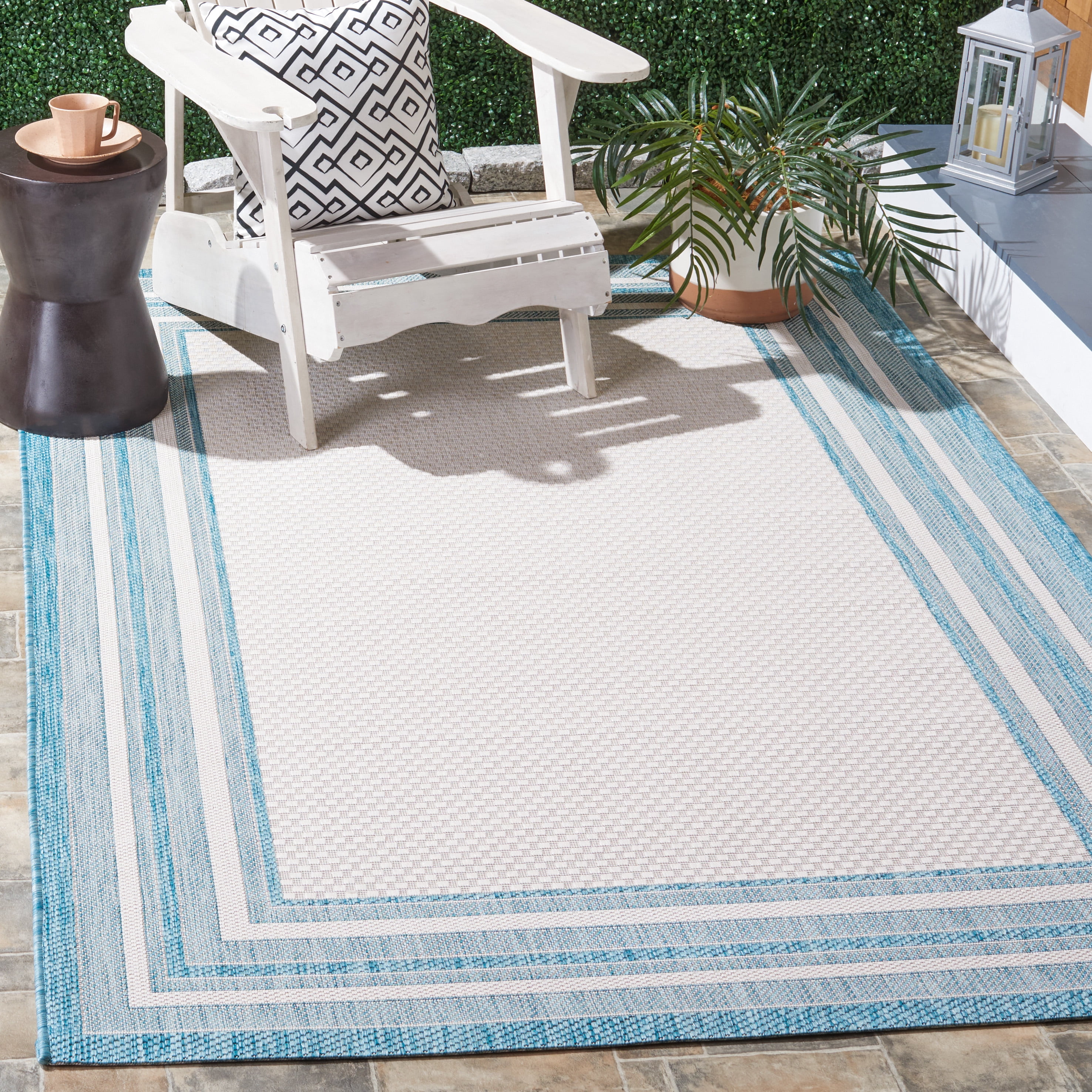 Safavieh Courtyard Ercan Bordered Indoor/Outdoor Area Rug, Ivory/Aqua, 6'7" x 9'6"