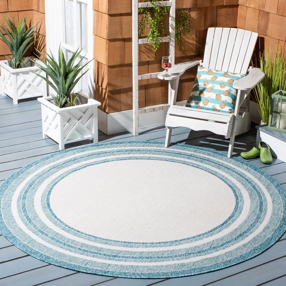 Safavieh Courtyard Ercan Bordered Indoor/Outdoor Area Rug, Ivory/Aqua, 9' x 9' Round