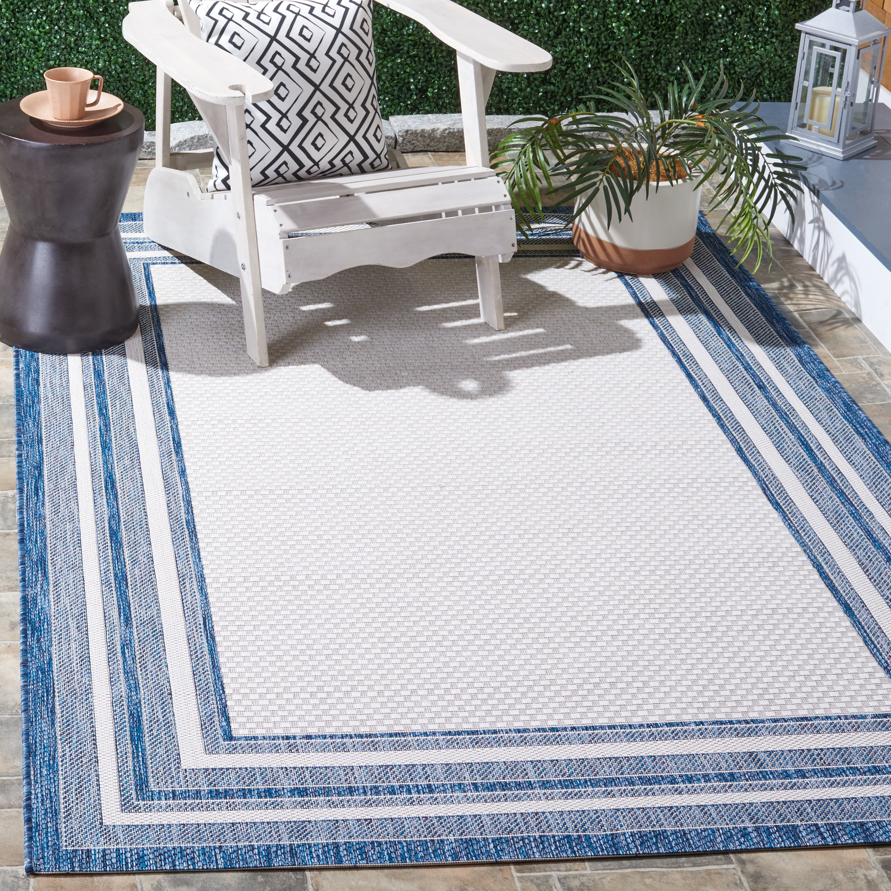 Safavieh Courtyard Ercan Bordered Indoor/Outdoor Area Rug, Ivory/Navy, 6'7" x 9'6"