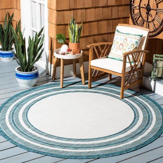 Safavieh Courtyard Ercan Bordered Indoor/Outdoor Area Rug, Ivory/Teal, 10' x 10' Round