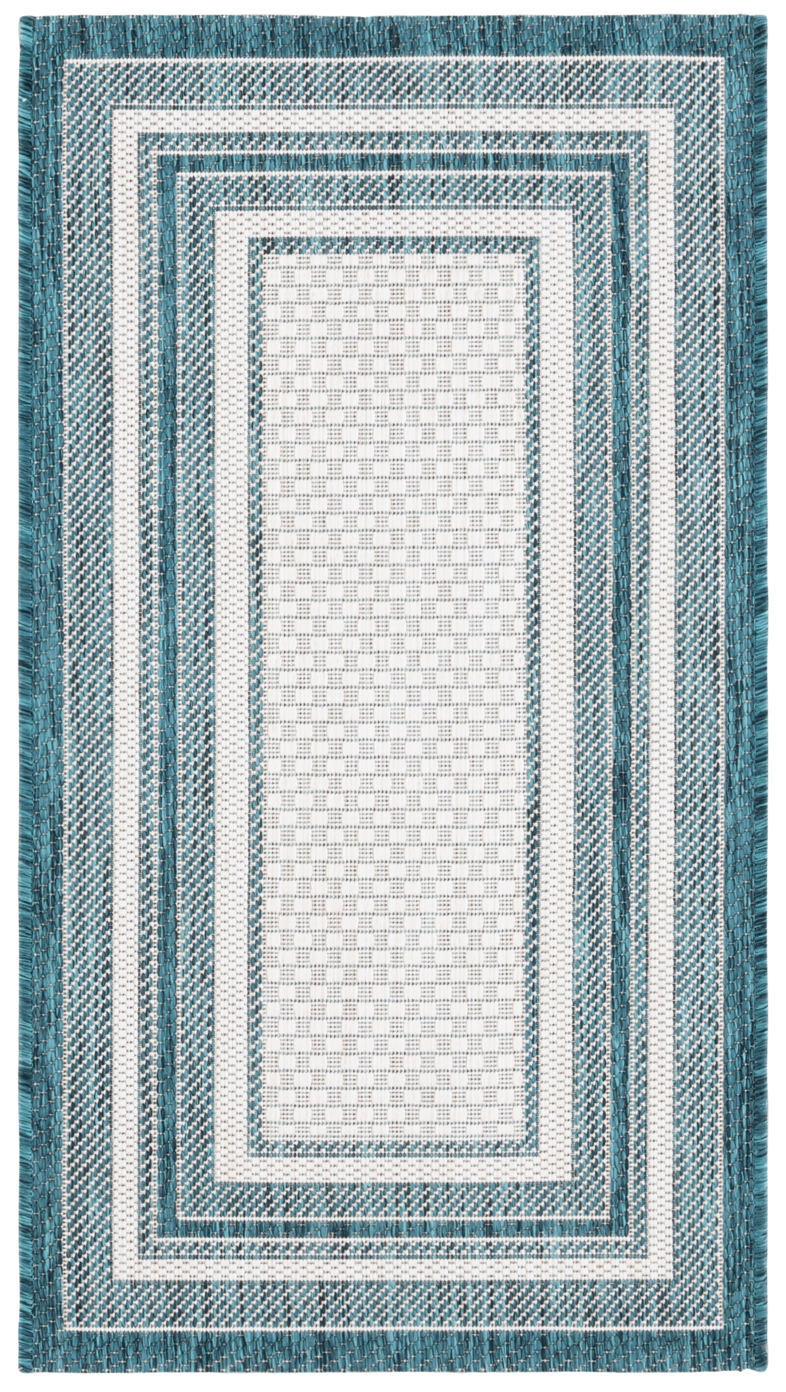 Ivory and Teal Rectangular Synthetic Indoor/Outdoor Area Rug
