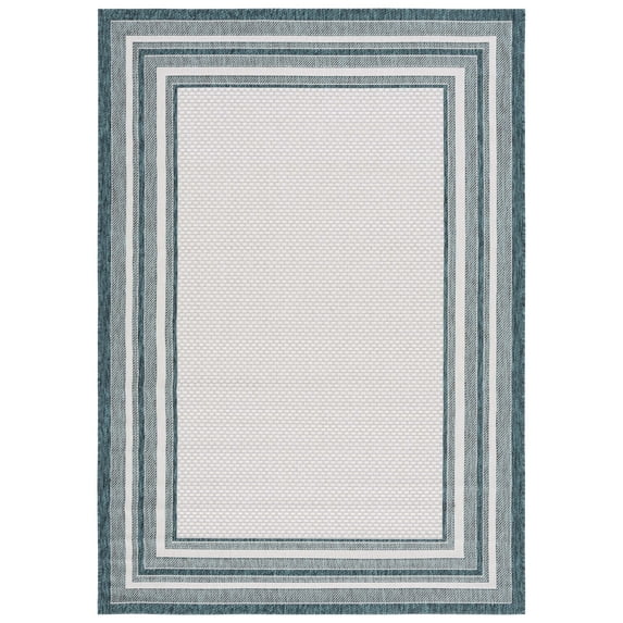 SAFAVIEH Courtyard Ercan Bordered Indoor/Outdoor Area Rug, Ivory/Teal, 4' x 5'7"