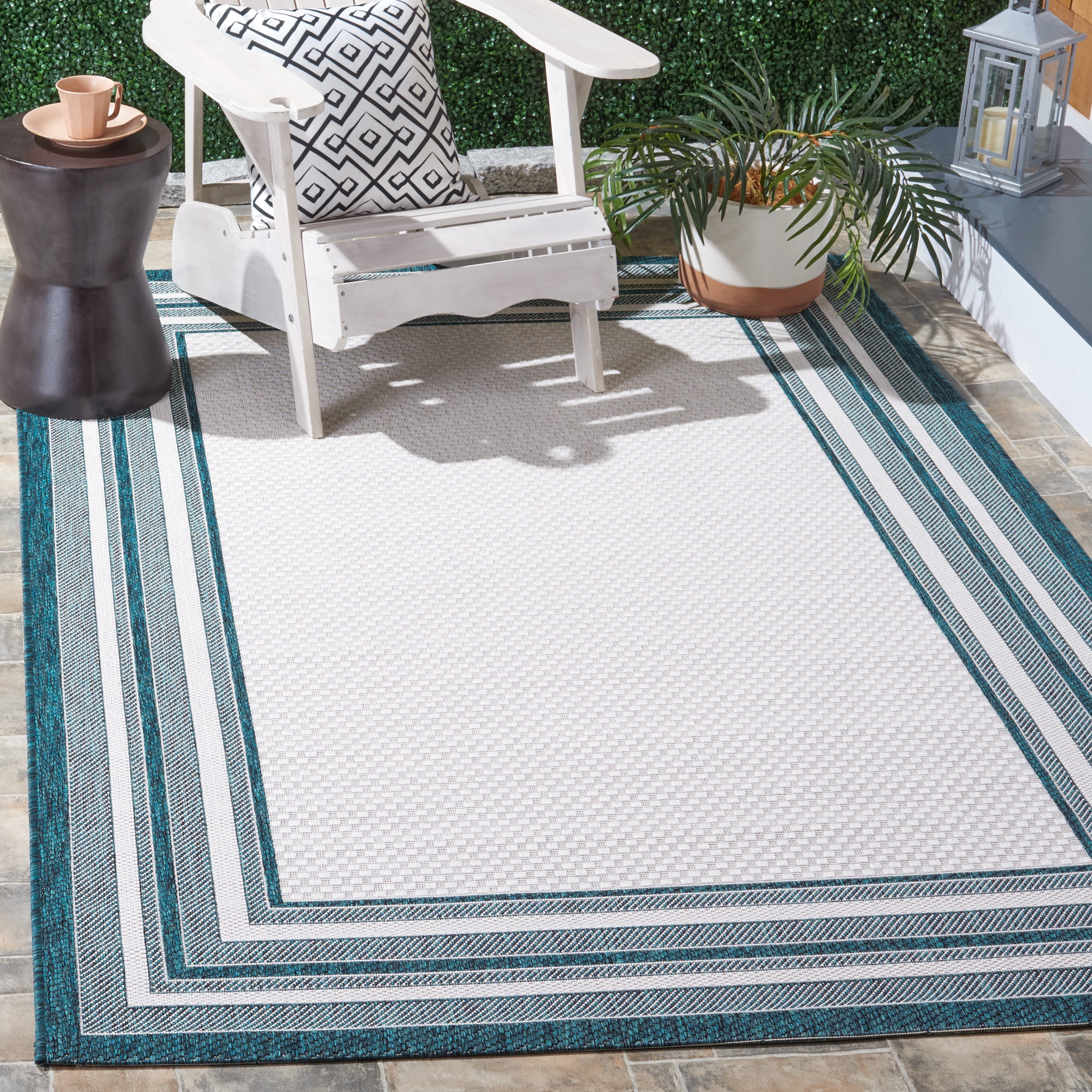 Safavieh Courtyard Ercan Bordered Indoor/Outdoor Area Rug, Ivory/Teal, 6'7" x 9'6"