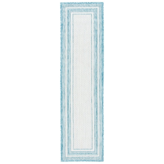 SAFAVIEH Courtyard Ercan Bordered Indoor/Outdoor Runner Rug, Ivory/Aqua, 2'3" x 6'7"