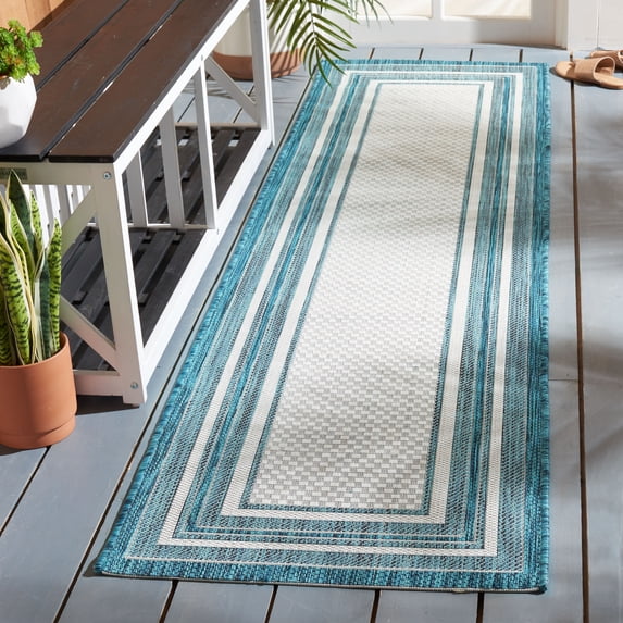 Safavieh Courtyard Ercan Bordered Indoor/Outdoor Runner Rug, Ivory/Teal, 2'3" x 12'