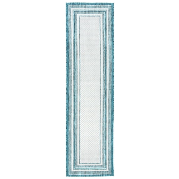 SAFAVIEH Courtyard Ercan Bordered Indoor/Outdoor Runner Rug, Ivory/Teal, 2'3" x 6'7"