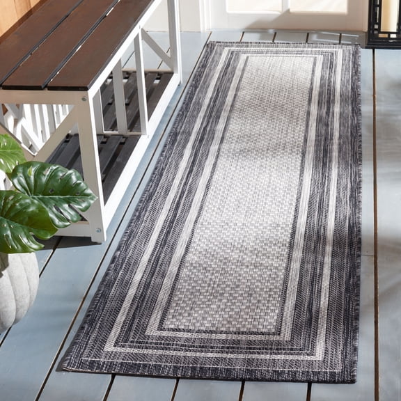 Safavieh Courtyard Ercan Bordered Indoor/Outdoor Runner Rug, Light Gray/Black, 2'3" x 22'