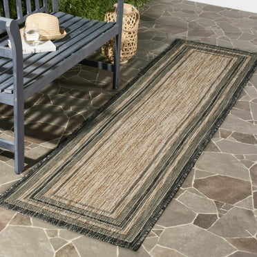 SAFAVIEH Courtyard Ercan Striped Indoor/Outdoor Runner, 2'3" x 6'7", Natural/Black