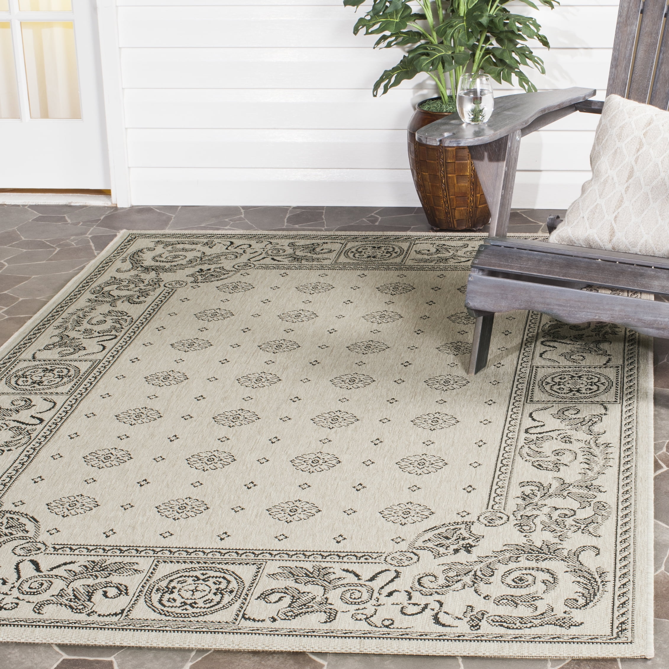 Sand and Black Rectangular Synthetic Indoor/Outdoor Area Rug