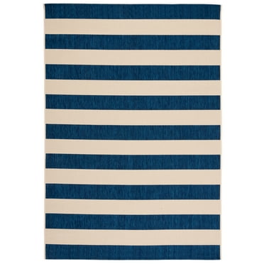 SAFAVIEH Courtyard Ermintrude Striped Indoor/Outdoor Area Rug, Beige/Navy, 2' x 3'7"