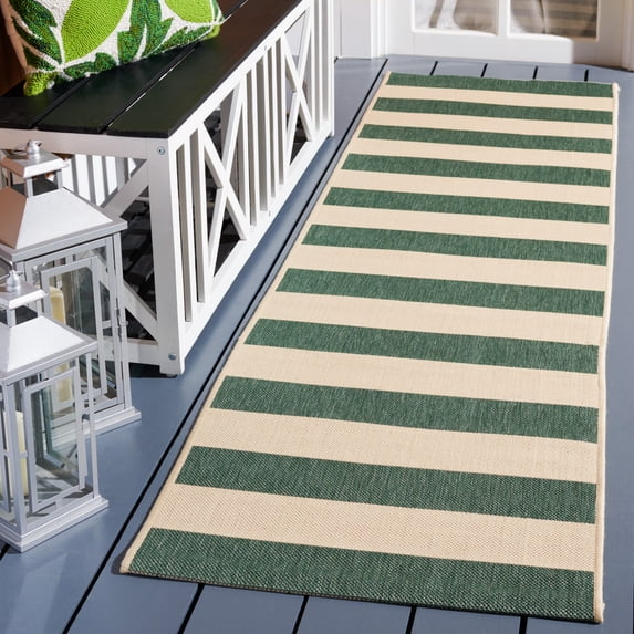 Safavieh Courtyard Ermintrude Striped Indoor/Outdoor Runner Rug, Beige/Dark Green, 2'3" x 8'