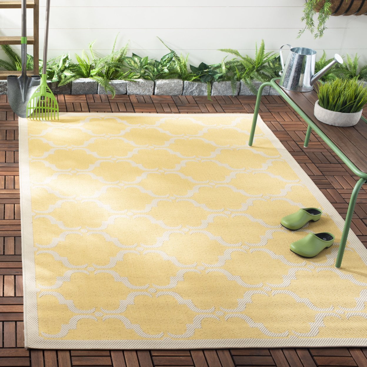 47" Square Yellow Beige Stain-Resistant Synthetic Rug