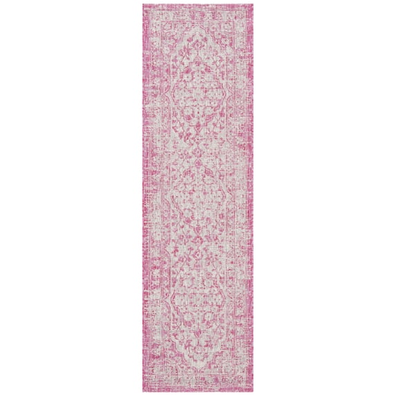 SAFAVIEH Courtyard Euclid Medallion Indoor/Outdoor Runner Rug, Fuchsia/Grey, 2'3" x 9'