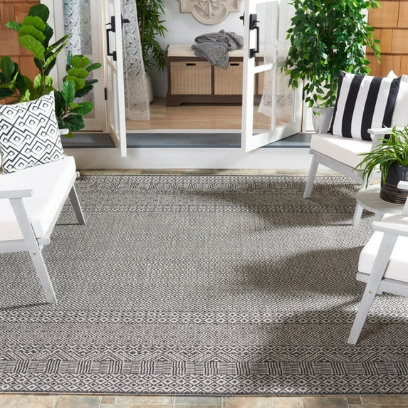 SAFAVIEH Courtyard Collection Traditional Gray/Black Geometric Power Loomed, Outdoor Rugs, 8' x 10', Water-Resistant (1 Count)