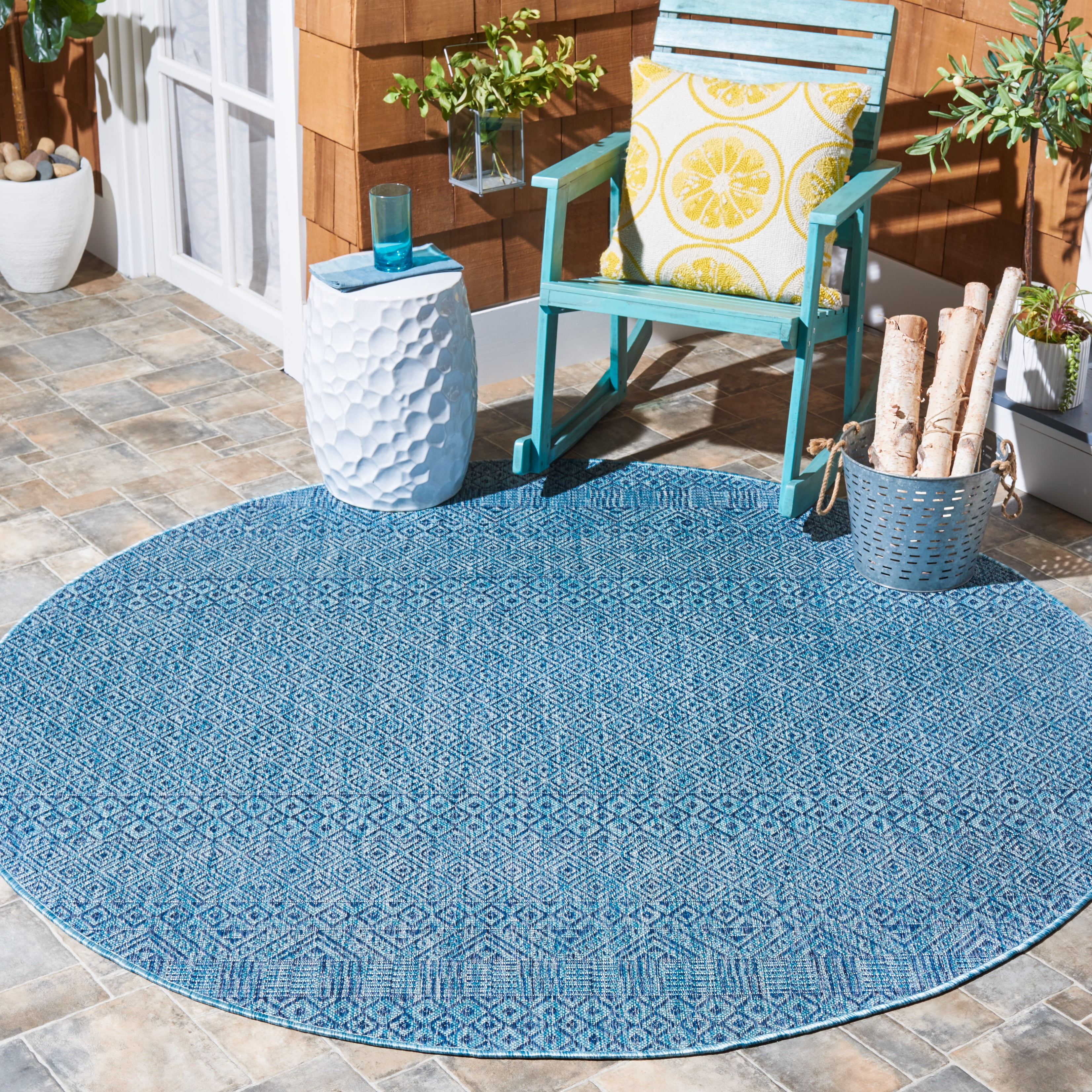 SAFAVIEH Courtyard Evander Geometric Indoor/Outdoor Area Rug, Aqua/Navy, 6'7" x 6'7" Round
