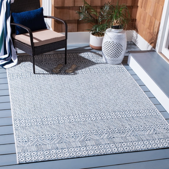 SAFAVIEH Courtyard Evander Geometric Indoor/Outdoor Area Rug, Blue/Navy, 4' x 4' Square