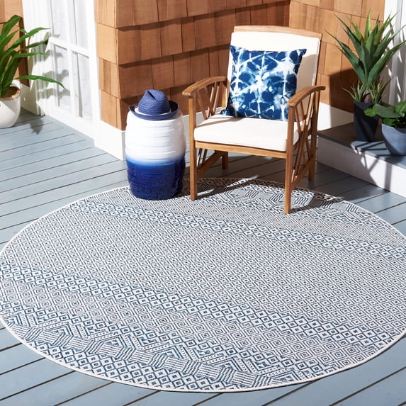 SAFAVIEH Courtyard Evander Geometric Indoor/Outdoor Area Rug, Blue/Navy, 7'10" x 7'10" Round