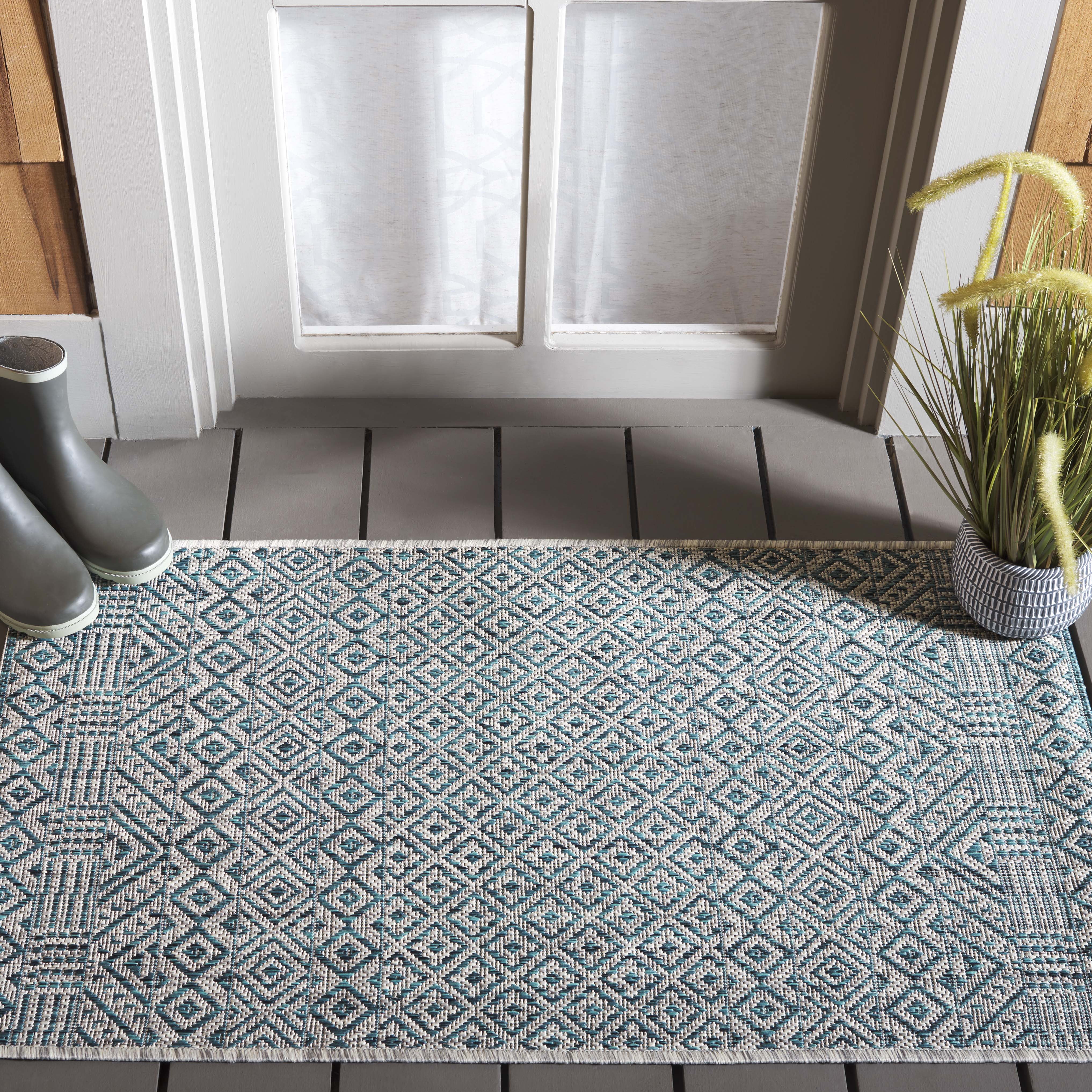 SAFAVIEH Courtyard Evander Geometric Indoor/Outdoor Area Rug, Gray/Aqua, 2' x 3'7"