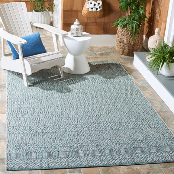 SAFAVIEH Courtyard Evander Geometric Indoor/Outdoor Area Rug, Gray/Aqua, 6'7" x 9'6"