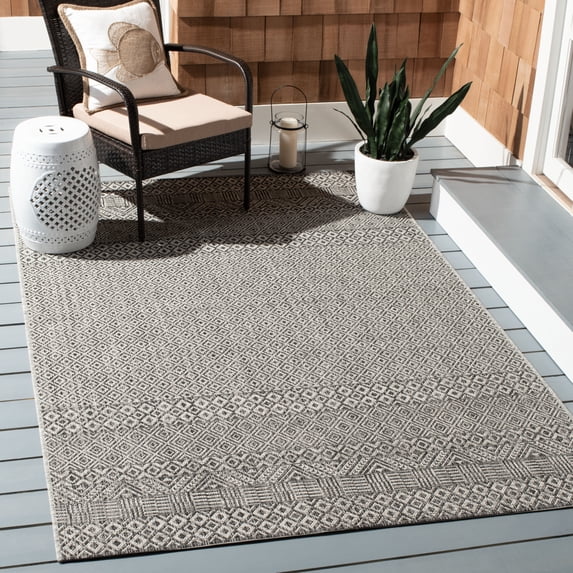 SAFAVIEH Courtyard Evander Geometric Indoor/Outdoor Area Rug, Gray/Black, 4' x 4' Square