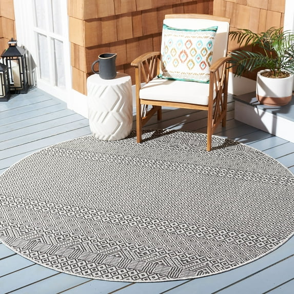 SAFAVIEH Courtyard Evander Geometric Indoor/Outdoor Area Rug, Gray/Black, 5'3" x 5'3" Round