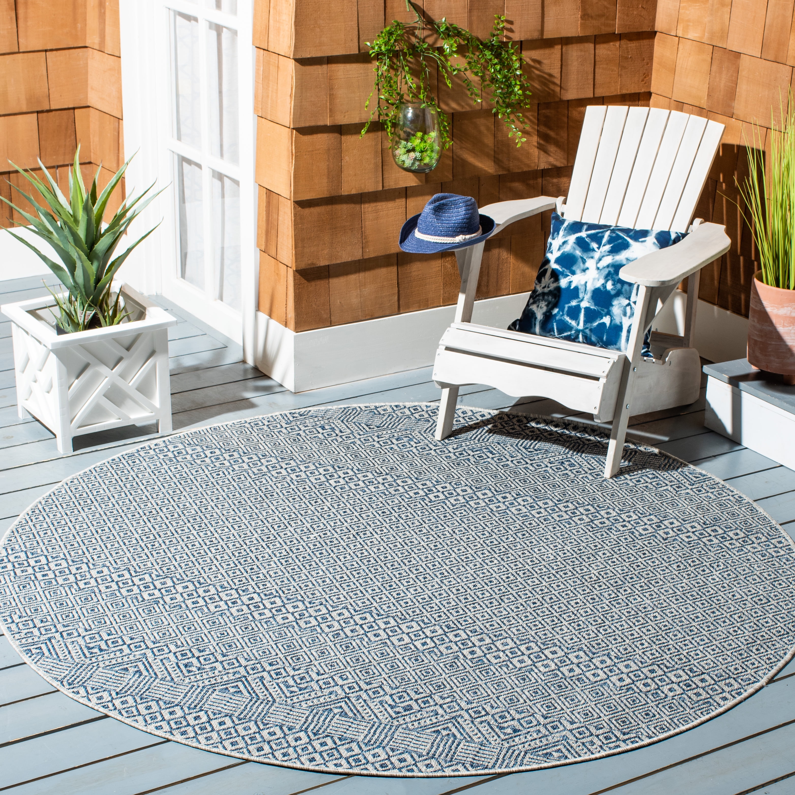 SAFAVIEH Courtyard Evander Geometric Indoor/Outdoor Area Rug, Gray/Blue, 5'3" x 5'3" Round