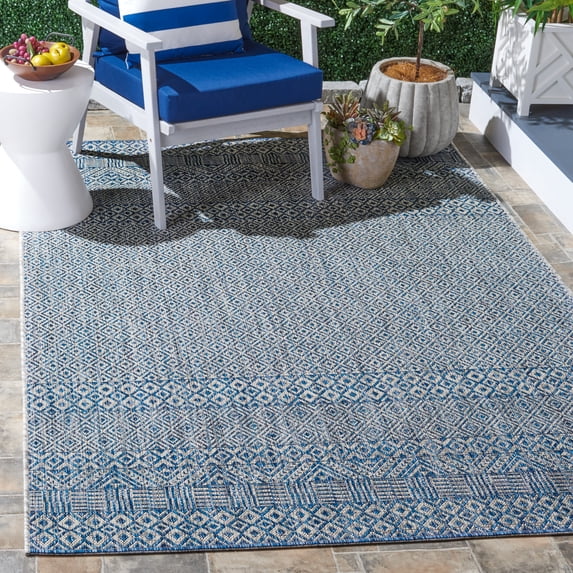 SAFAVIEH Courtyard Evander Geometric Indoor/Outdoor Area Rug, Gray/Blue, 5'3" x 5'3" Square