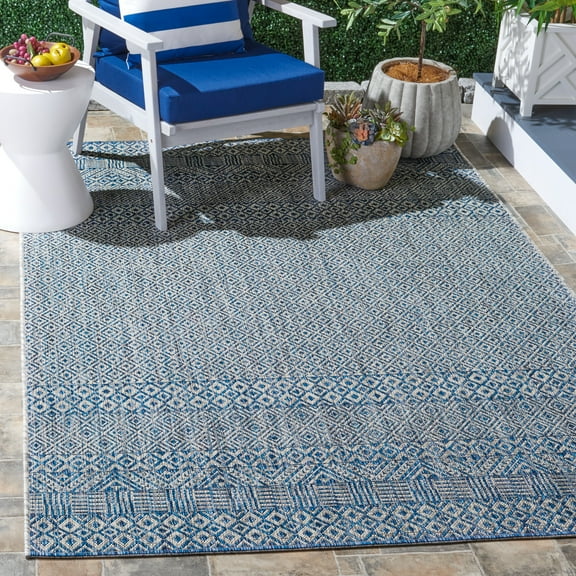 SAFAVIEH Courtyard Evander Geometric Indoor/Outdoor Area Rug, Gray/Blue, 5'3" x 7'7"
